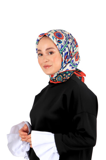 Kırmızı Lacivert Selçuk Desen İpek Eşarp 