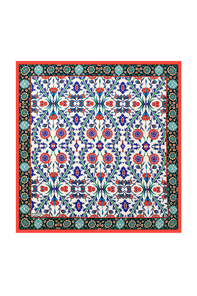 Kırmızı Lacivert Selçuk Desen İpek Eşarp - Bursa İpek