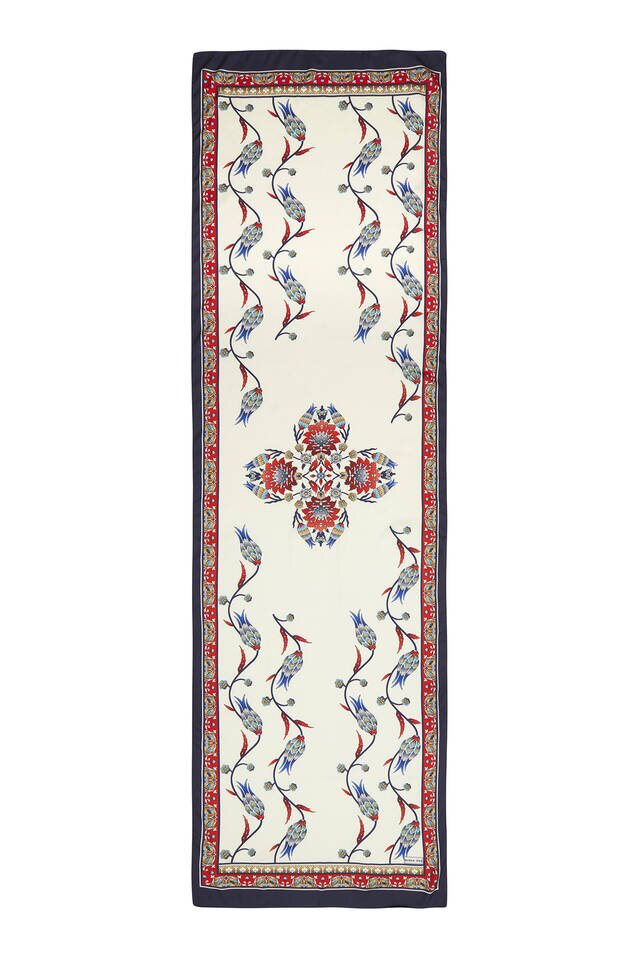 Kırmızı Lacivert Sıra Lale Desen Geniş İpeksi Fular - 4