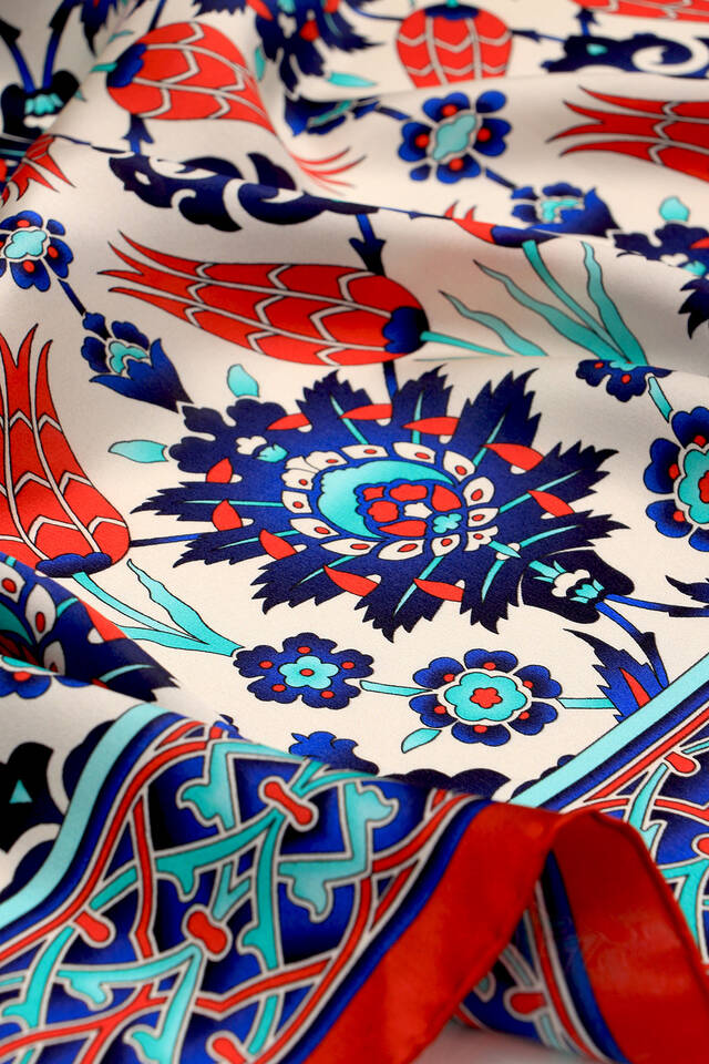 Kırmızı Saks Çini Lale Desen İpek Eşarp - 3