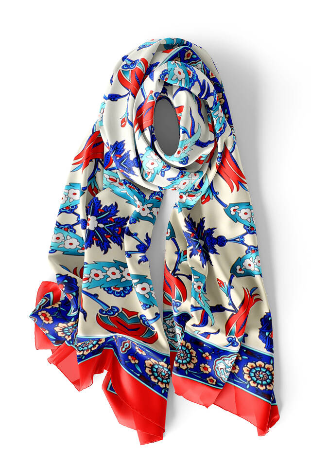 Kırmızı Saks Efes Desen İpek Fular - 3