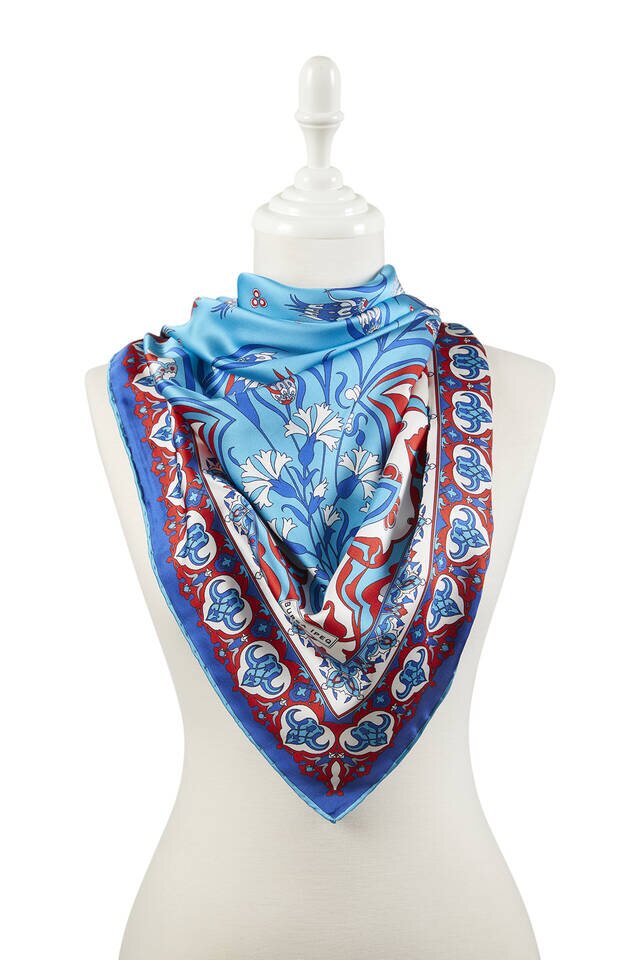 Kırmızı Saks Türk Motifli Çintemani Karanfil Desen İpeksi Eşarp - 2