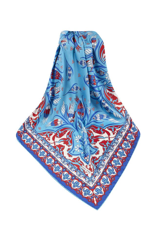 Kırmızı Saks Türk Motifli Çintemani Karanfil Desen İpeksi Eşarp - 3