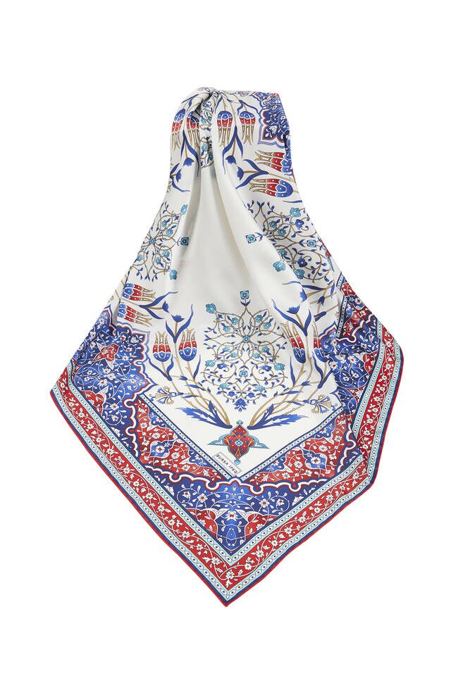 Kırmızı Saks Türk Motifli Şamdan Lale Desen İpeksi Eşarp - 3