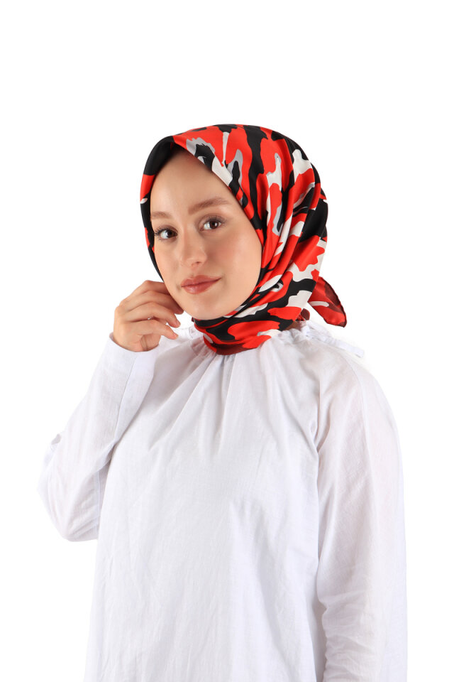 Kırmızı Sare Desen Twill İpek Eşarp 