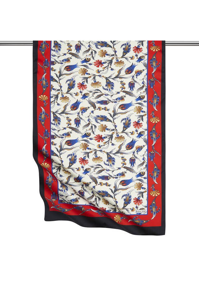 Kırmızı Siyah Karanfil Lale Desen Geniş İpeksi Fular 