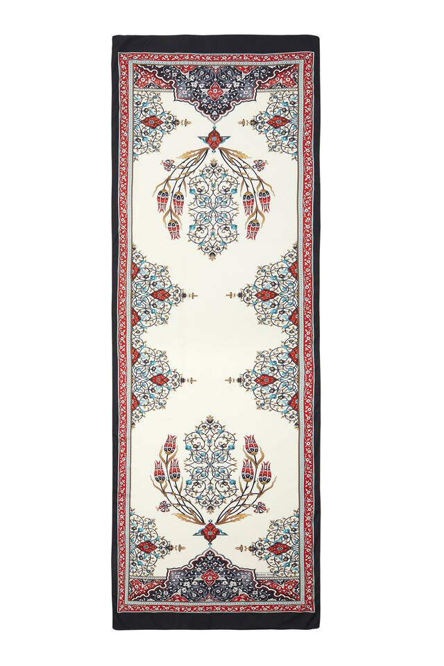 Kırmızı Siyah Şamdan Desen Geniş İpeksi Fular - 4