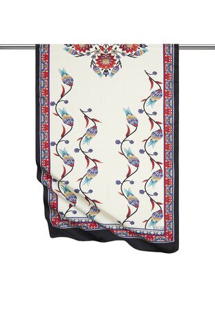 Kırmızı Siyah Sıra Lale Desen Geniş İpeksi Fular 