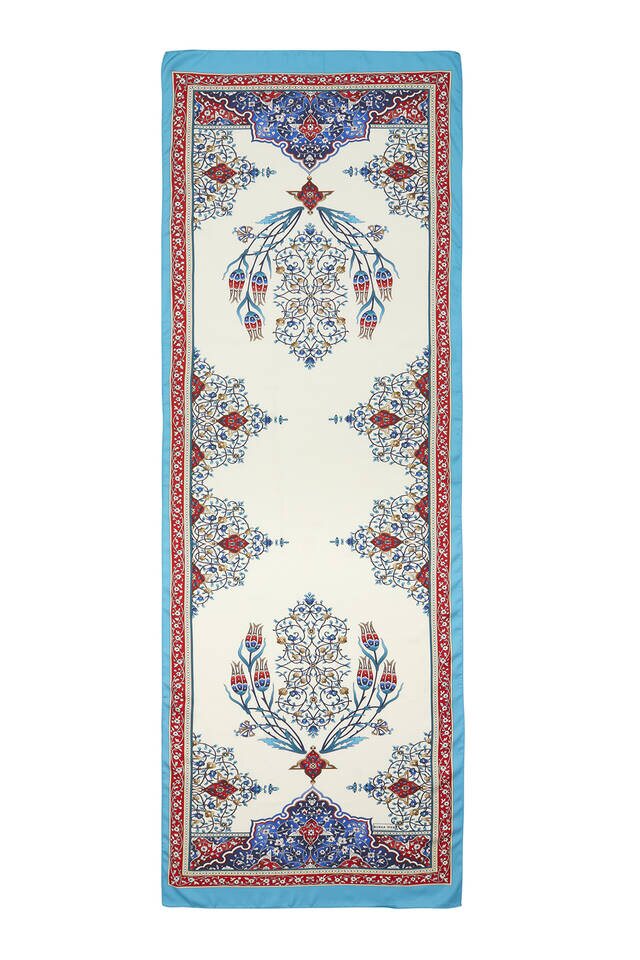 Kırmızı Turkuaz Şamdan Desen Geniş İpeksi Fular - 4
