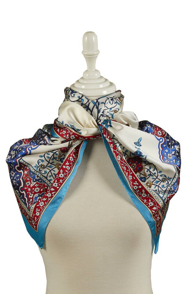 Kırmızı Turkuaz Şamdan Desen Geniş İpeksi Fular - 2