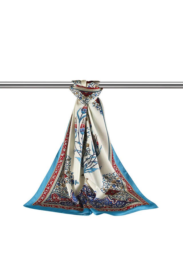 Kırmızı Turkuaz Şamdan Desen Geniş İpeksi Fular - 3