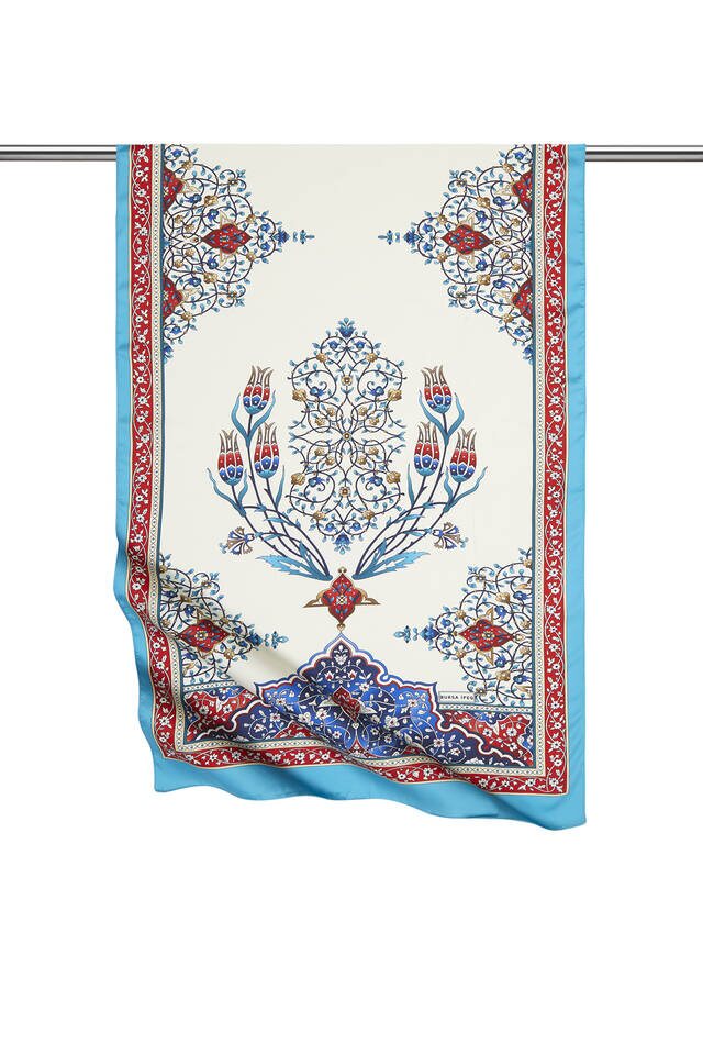 Kırmızı Turkuaz Şamdan Desen Geniş İpeksi Fular 
