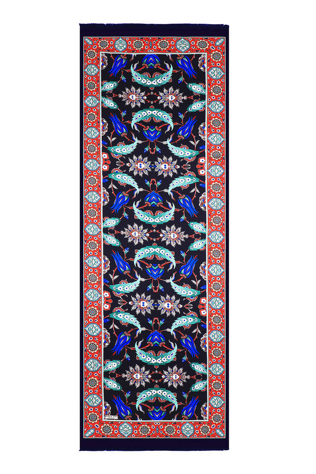 Lacivert Kırmızı Efes Desen İpek Fular - 4