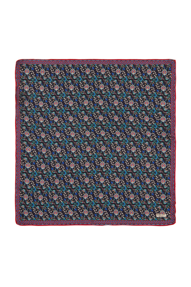 Lacivert Kırmızı Sarmaşık Lale Desen İpek Mendil 