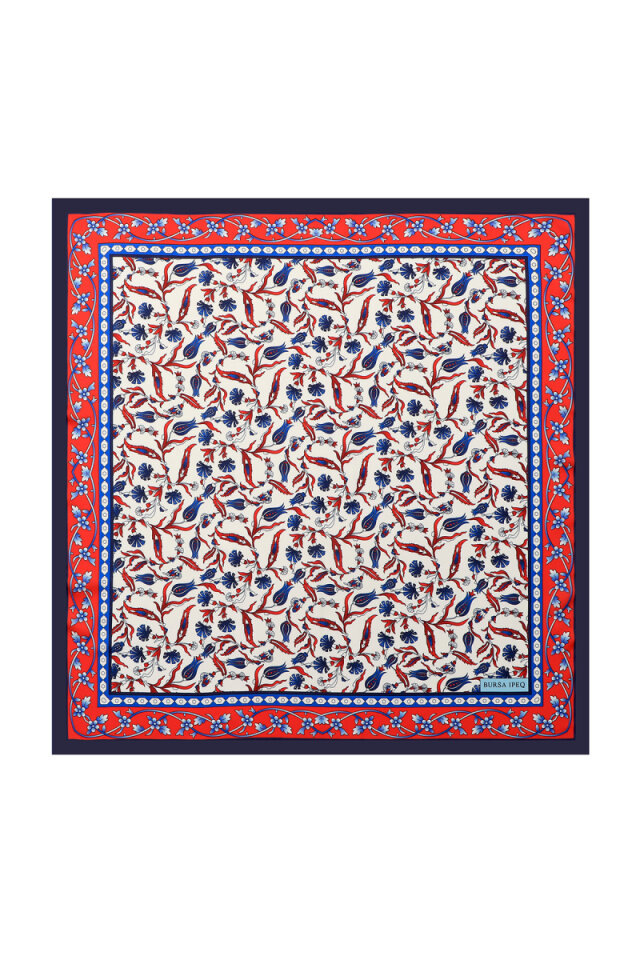 Lacivert Lale Karanfil Desen İpeksi Mendil - Bursa İpek