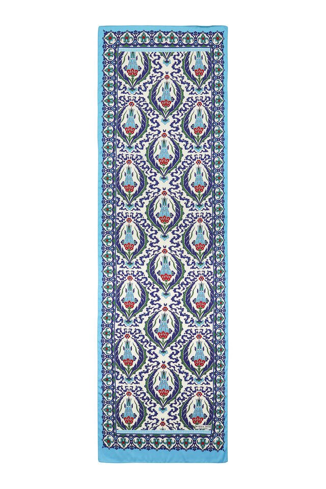 Lacivert Mavi Karanfil Desen Dar İpeksi Fular - 4