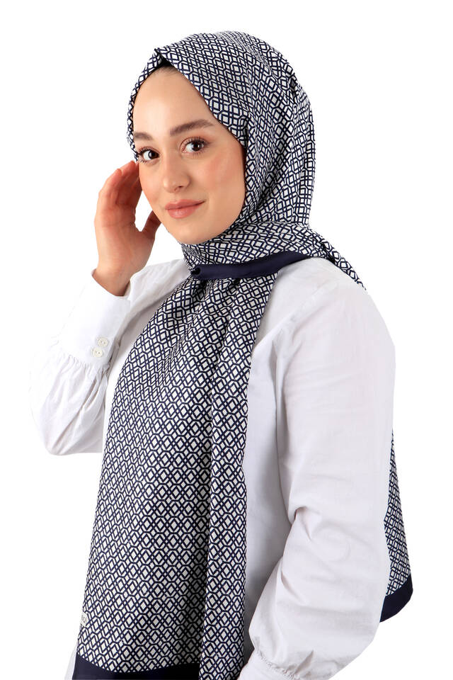 Lacivert Petek Desen Twill İpek Şal - 3