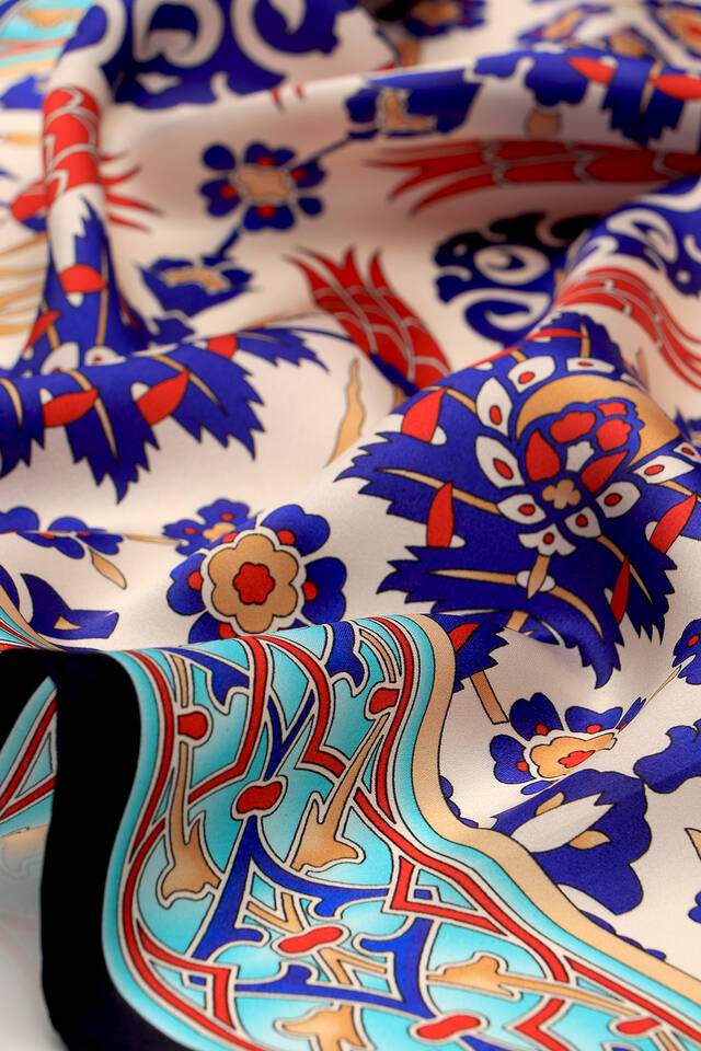 Lacivert Saks Çini Lale Desen İpek Eşarp - 3