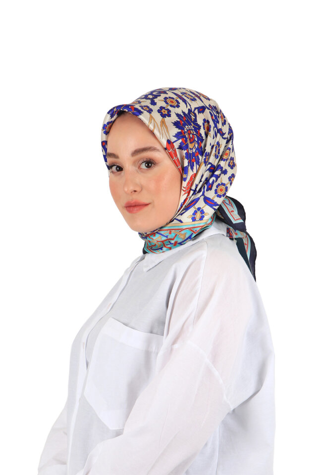 Lacivert Saks Çini Lale Desen İpek Eşarp 