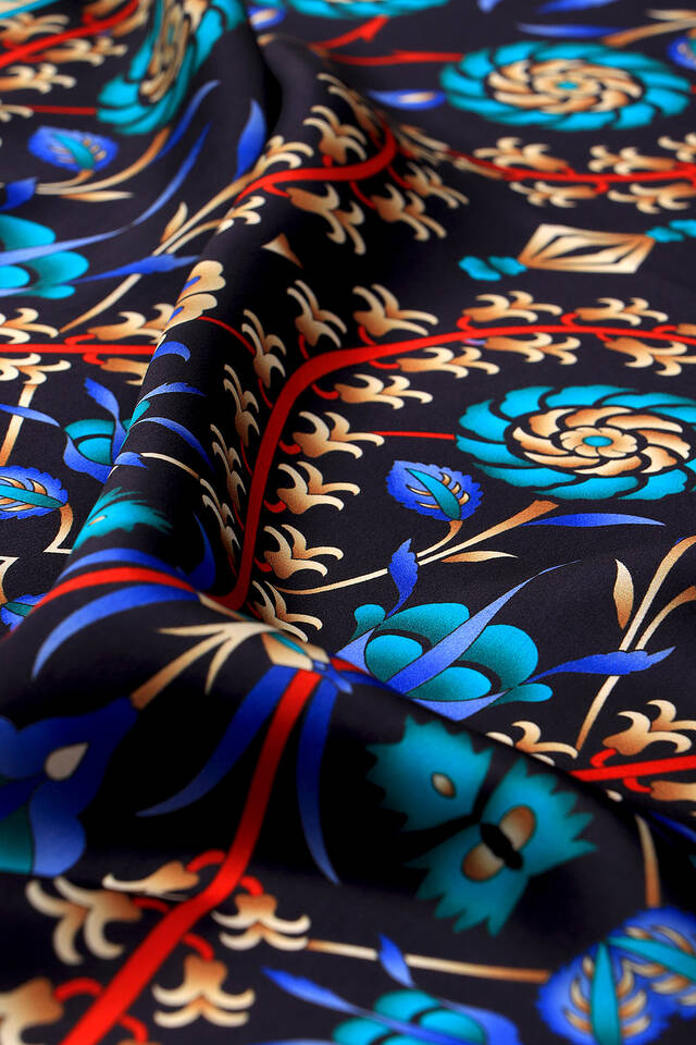 Lacivert Saks Selçuk Desen İpek Eşarp - 3