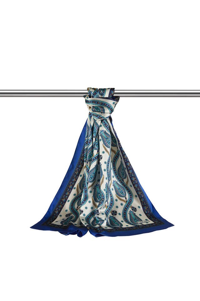 Lacivert Saks Sıra Lale Desen Dar İpeksi Fular - 3