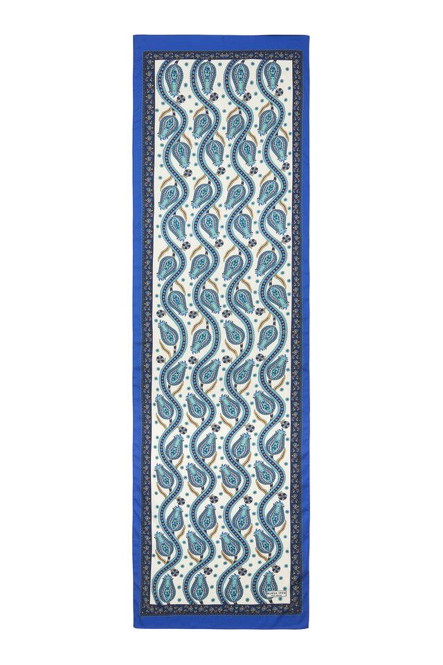 Lacivert Saks Sıra Lale Desen Dar İpeksi Fular - 4