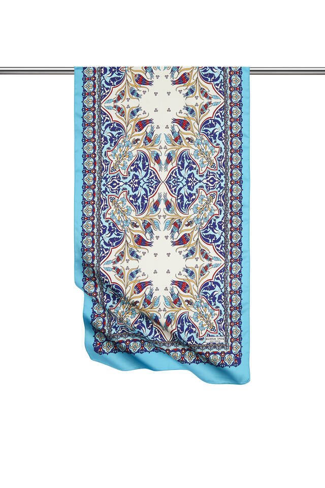 Lacivert Turkuaz Çini Lale Desen Dar İpeksi Fular 