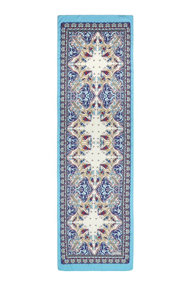 Lacivert Turkuaz Çini Lale Desen Dar İpeksi Fular - 4
