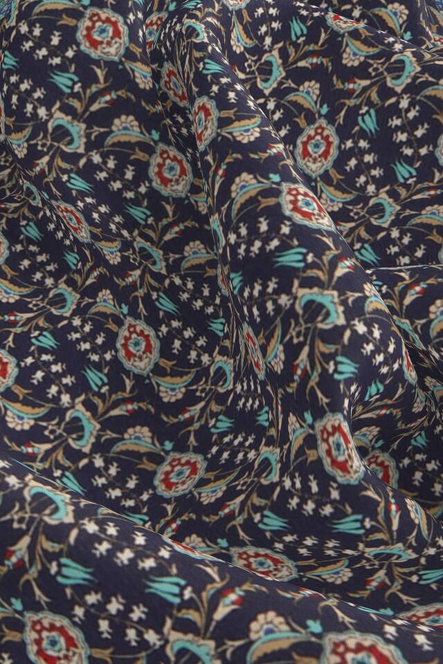 Lacivert Turkuaz Sarmaşık Lale Desen İpek Mendil - 3