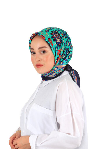 Lacivert Yeşil Çini Lale Desen İpek Eşarp 