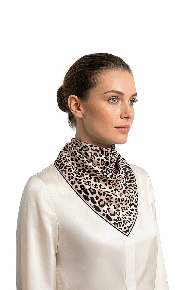 Bej Leopar Desen İpek Mendil - Bursa İpek