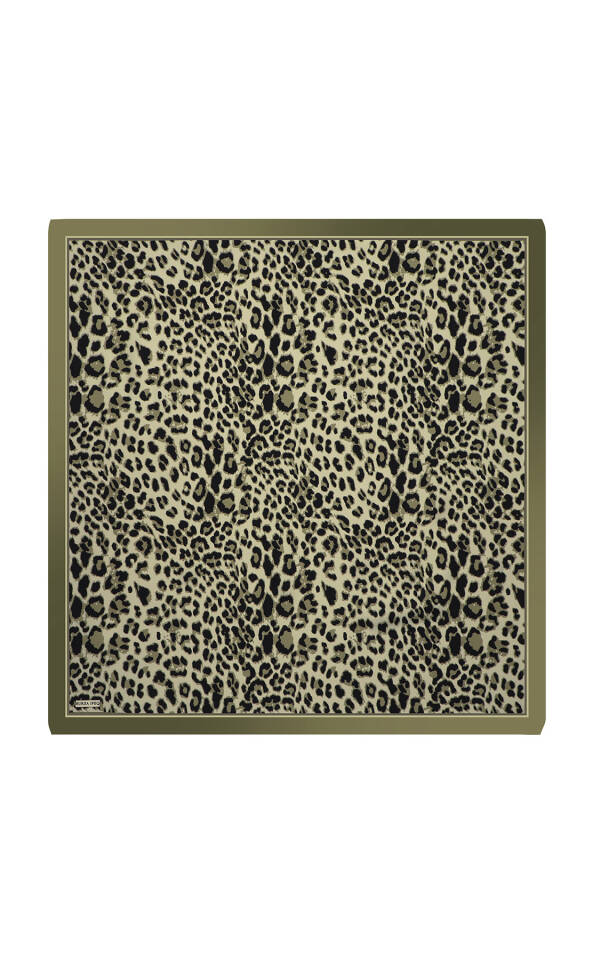 Haki Leopar Desen Twill İpek Eşarp - 2