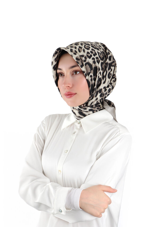 Stone Leopard Pattern Twill Silk Scarf - Bursa İpek