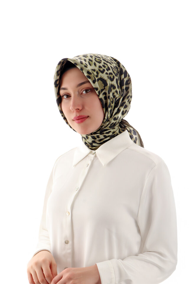 Khaki Leopard Pattern Twill Silk Scarf 