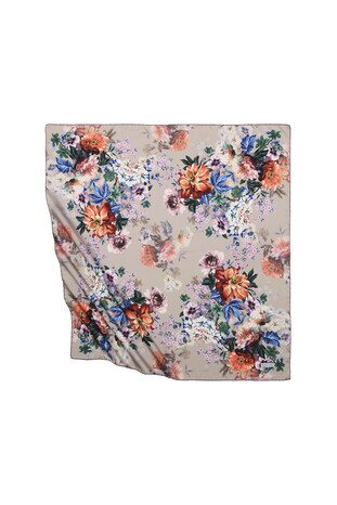 Light Beige Fulya Pattern Silky Square Scarf 