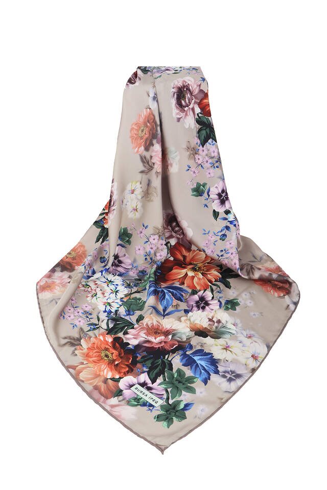 Light Beige Fulya Pattern Silky Square Scarf - 3