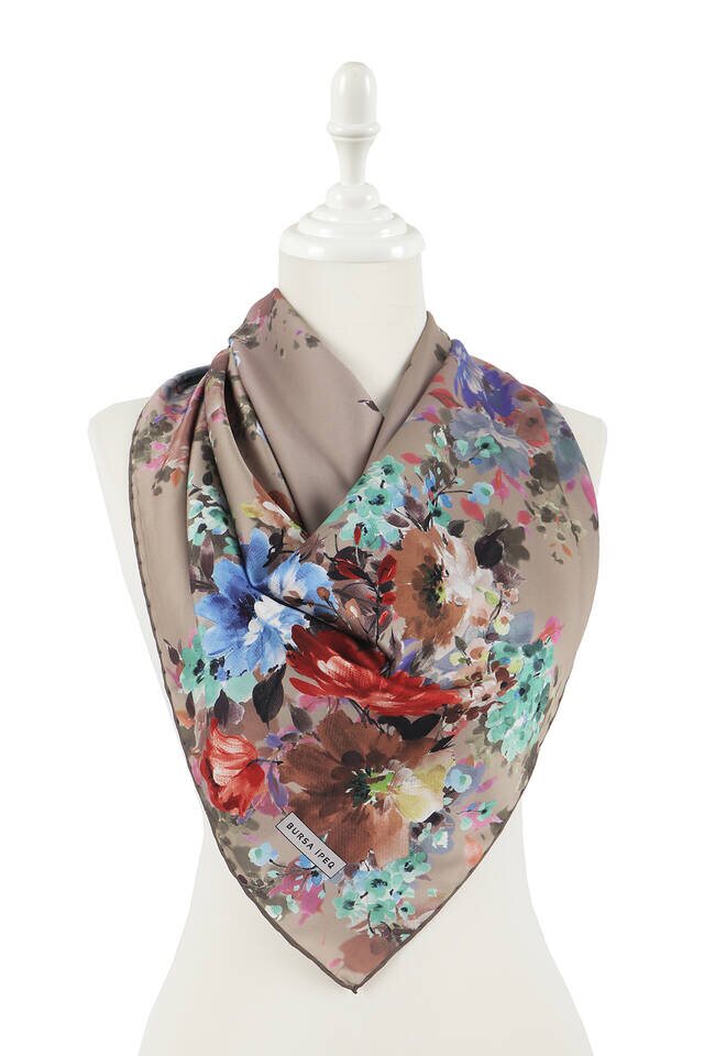 Light Brown Sardinia Pattern Silky Square Scarf - 2