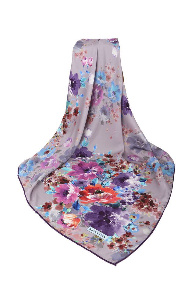 Lilac Geranium Pattern Silky Square Scarf - 3