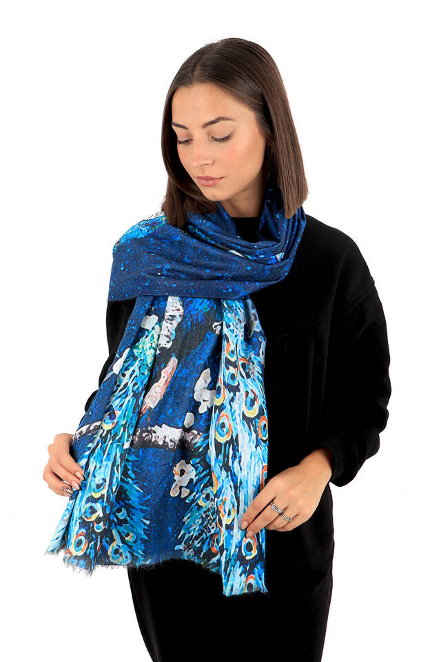 Mavi Tavuskuşu Desen Kışlık Şal - 2