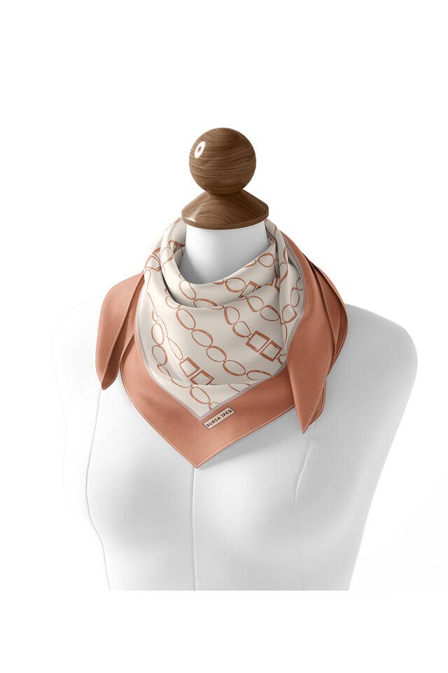 Milk Brown Chain Pattern Twill Silk Square Scarf - 3