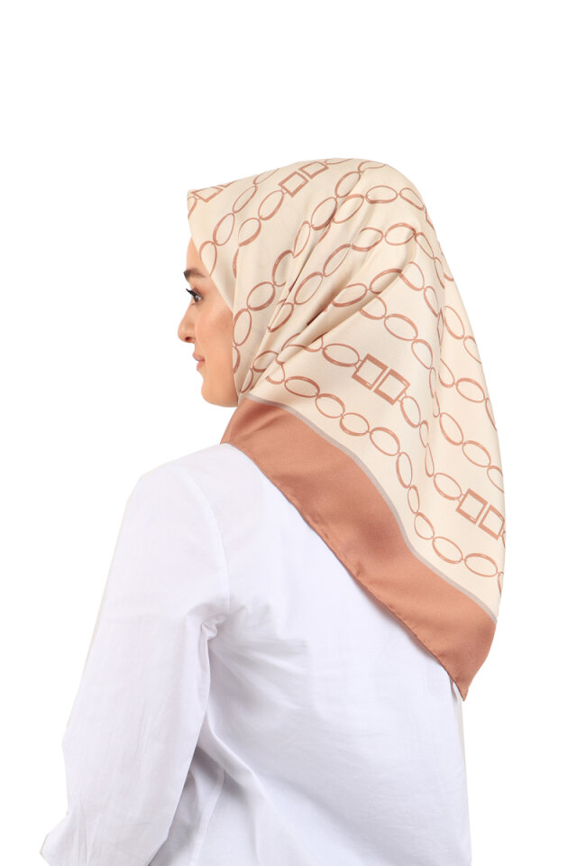Milk Brown Chain Pattern Twill Silk Square Scarf 