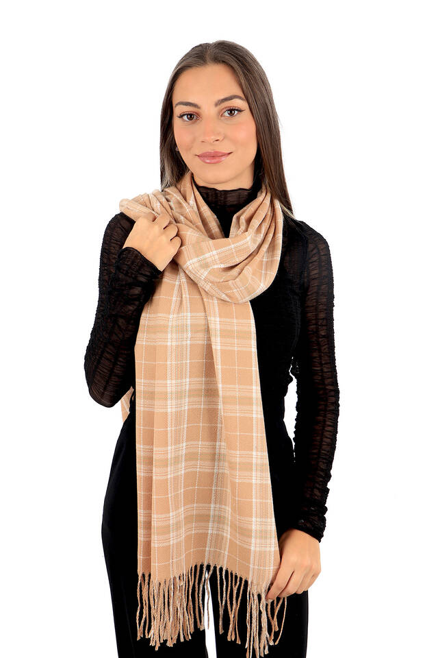 Milk Brown White Plaid Pattern Winter Shawl - 2