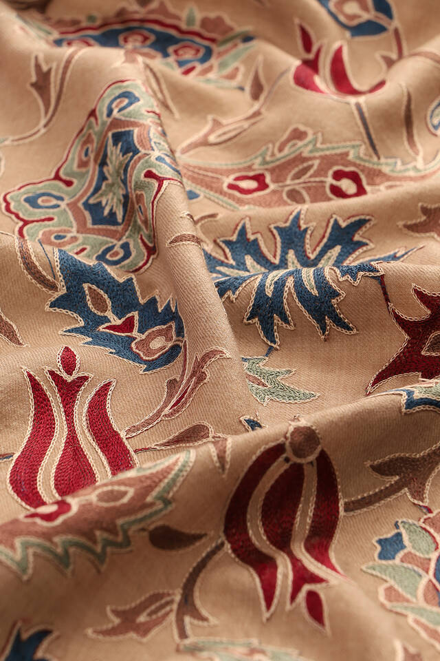 Milky Coffee Fully Embroidered Suzani Wool Shawl - 4