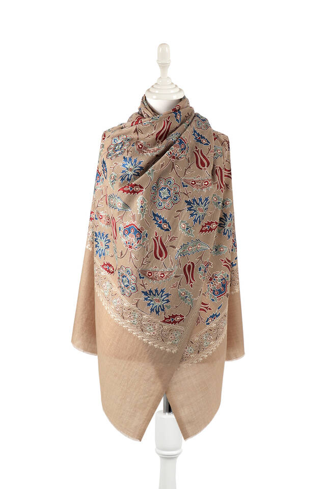 Milky Coffee Fully Embroidered Suzani Wool Shawl - Bursa İpek