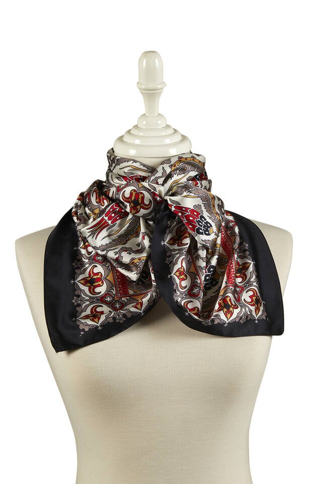 Mink Black Carnation Pattern Narrow Silky Foulard - 2