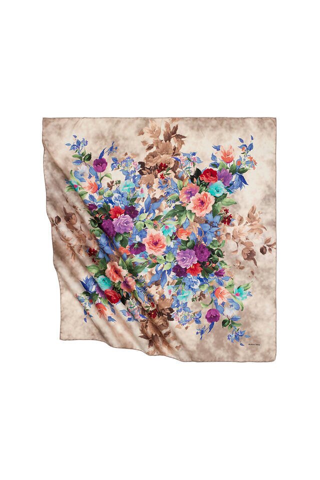 Mink Bouquet Pattern Silky Square Scarf - 1