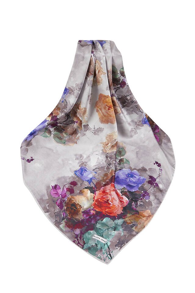 Mink Floral Pattern Silky Square Scarf - 3