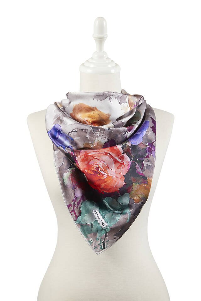 Mink Floral Pattern Silky Square Scarf - 2
