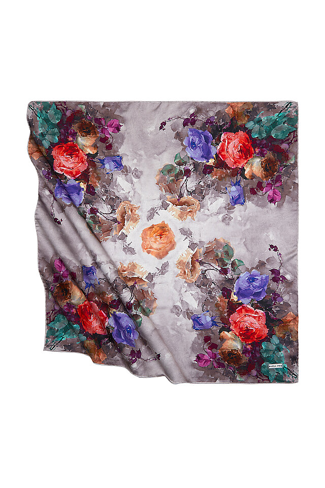Mink Floral Pattern Silky Square Scarf 