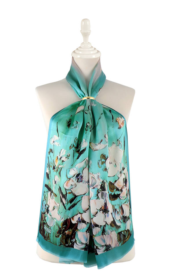 Mint Anemone Pattern Silk Foulard - 1